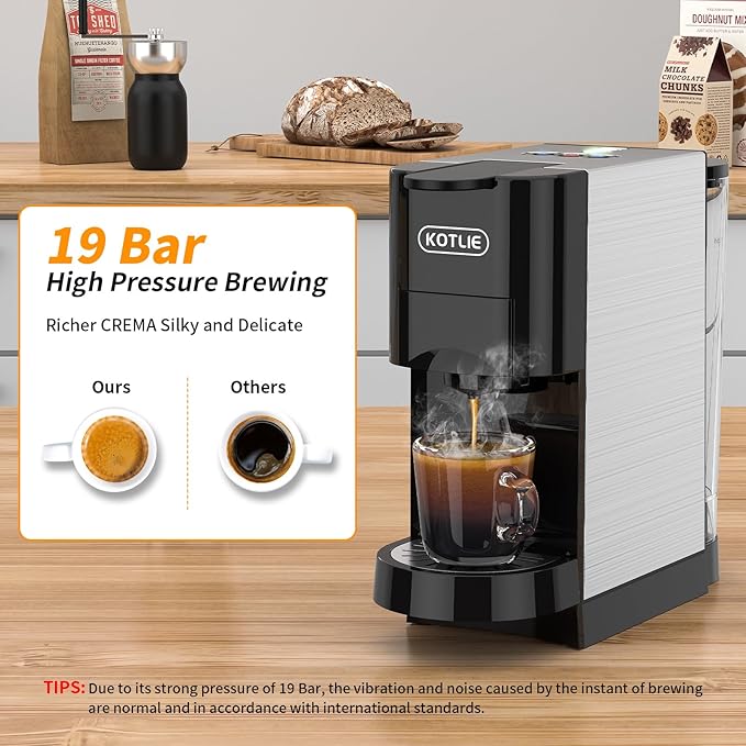 KOTLIE 19Bar Pressure Single Serve Coffee Maker Multifunctional 5in1 Coffee Machine for NES* Original/Dolce Gusto/K cup/Ground Coffee/illy 44mm ESE Cold&ampHot Brew Level 7 watervolume (AC-513HF)