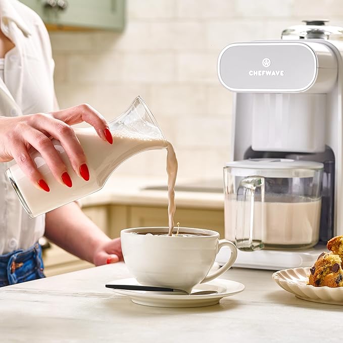 ChefWave Milkmade Soy Milk Maker (Silver/White) 6-in-1 Vegan Plant-Based Milk Machine with Auto Clean and Delay Start Almond Oat Soy Cashew Coconut Macadamia Milk Maker with Nut Platter