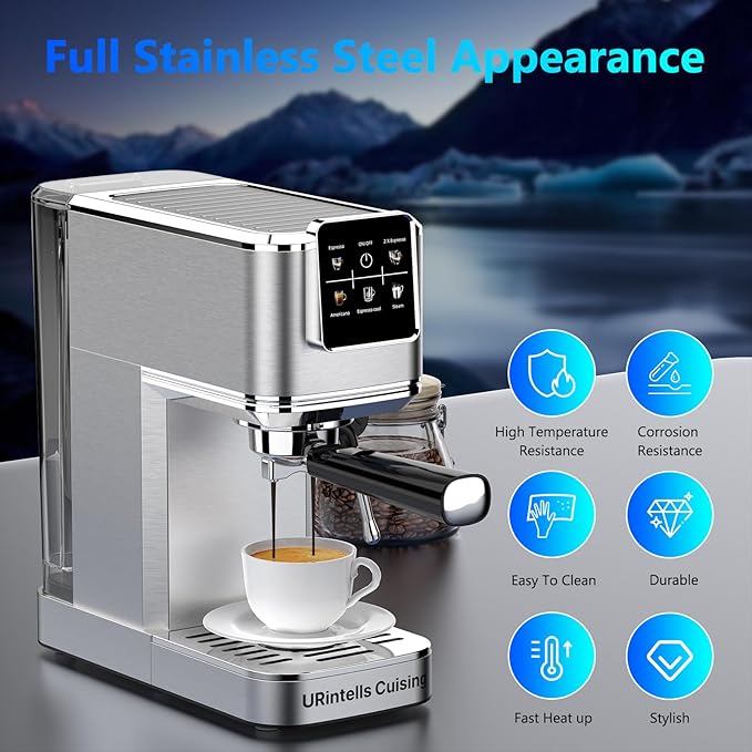 Espresso Machine 20 BarTouch Screen Espresso Maker with Steam Milk FrotherStainless Steel Coffee Machine for Cappuccino Latte Americano Cold Brew1350W Fast Heat Up SystemSilver