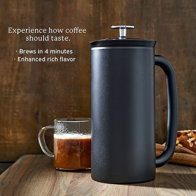 ESPRO - P7 French Press - Double Walled Stainless Steel Insulated Coffee and Tea Maker with Micro-Filter - Keep Drinks Hotter for Longer (Matte Black 32 Oz) Cleaning Powder