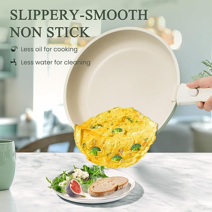 KIKCOIN Pots and Pans Set Nonstick Ceramic Cookware Set Detachable Handle Induction Kitchen Cookware Set with Removable Handle Healthy Non Stick RV Cookware Dishwasher ＆ Oven Safe PFOA Free
