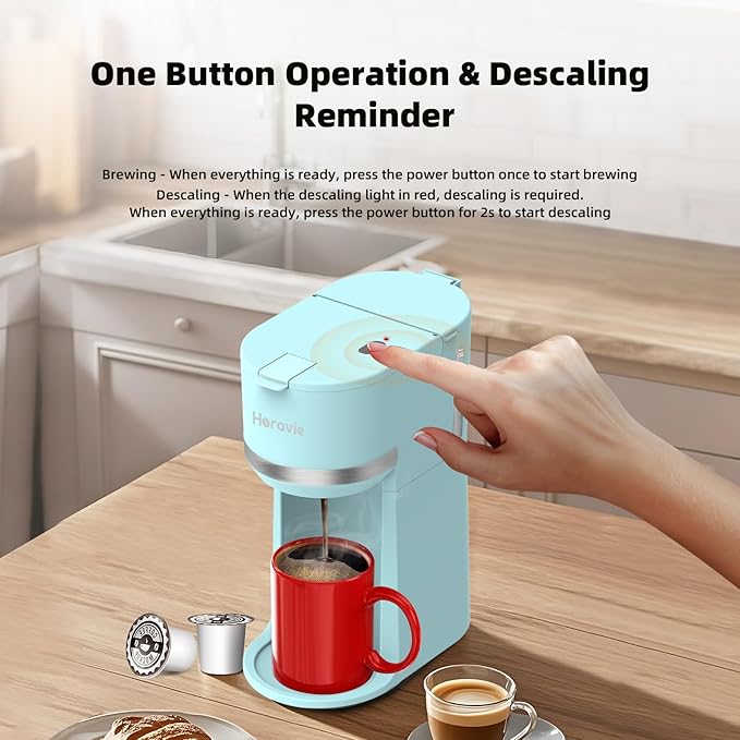 Mini Single Serve Coffee Maker for K Cup and Ground Coffee Fast Brew One Cup Coffee Machine with Descaling Reminder and Water Window 6 to 12 oz. Brew Sizes Light Blue