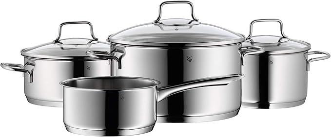 WMF Pot Set 4-Piece Astoria Pouring Rim Glass Lid Cromargan Stainless Steel Polished Suitable for Induction Hobs Dishwasher-Safe