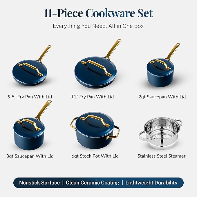 Gotham Steel Modern 11 Pc Ceramic Pots and Pans Set Non Stick Kitchen Cookware Sets Non Stick Pots and Pan Set Ceramic Cookware Set Pot and Pan Set Non Toxic Cookware Set Dishwasher Safe - Navy