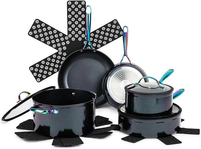 12-Piece Non-Stick Aluminum Cookware Set with Induction Base Oven Safe Black Finish (Black &amp Rainbow)