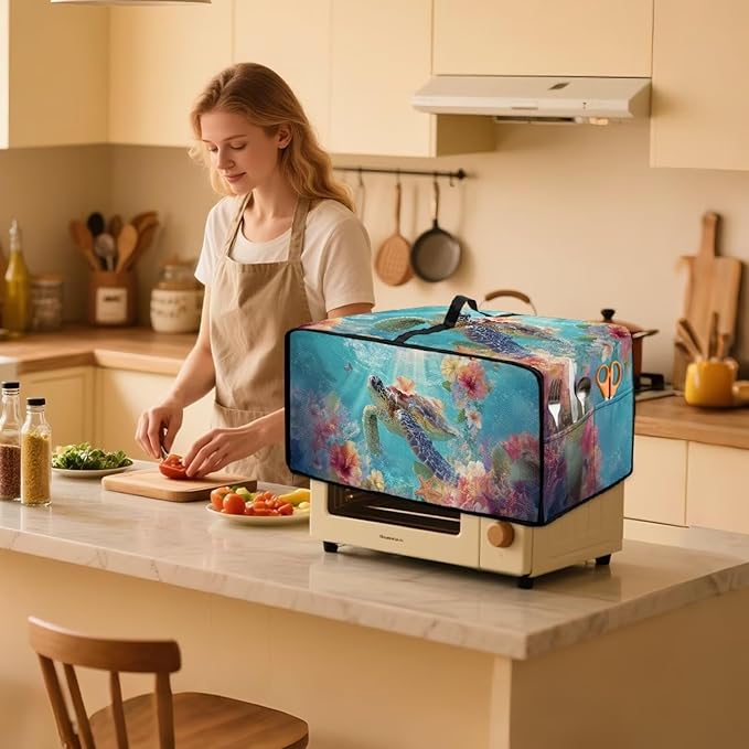 Sea Turtle Print Toaster Oven Air Fryer Cover Hibiscus Starfish Print Bread Maker Machine Covers with Side Pockets Kitchen Small Appliance Cover S