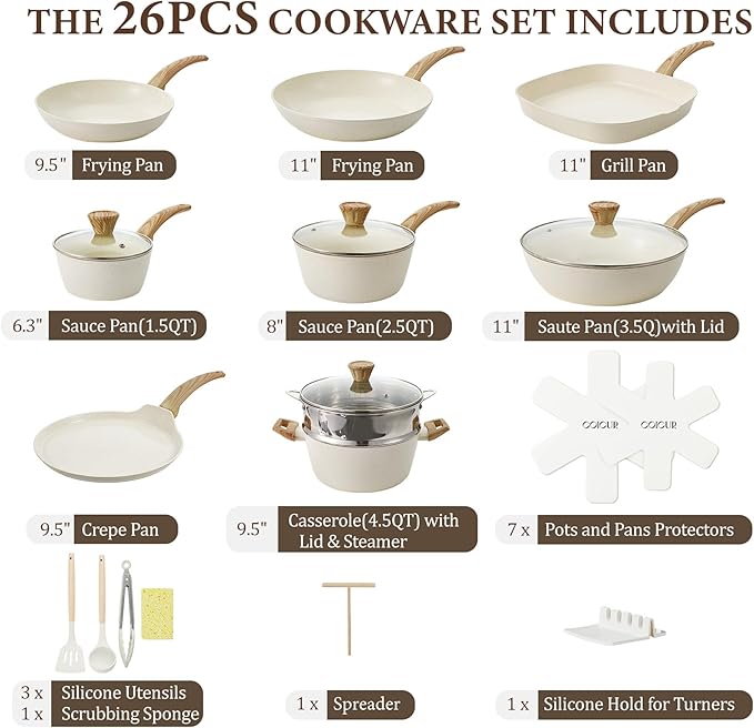 26Pcs Pots and Pans Nonstick Ceramic Cookware Set Nontoxic Kitchen Cooking Set with Steamers Utensils Induction Compatible PFAS/PFOA Free Oven and Dishwasher Safe Cream White