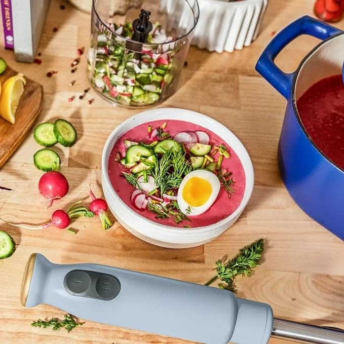 Cordless Hand Blender with 2-Cup Chopper Whisk &amp Large Measuring Cup Perfect for Cooking Smoothies Sauces Purees and Meal Prep (Cornflower Blue)