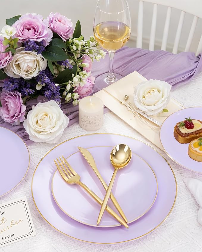 bUCLA 150PCS Purple Plastic Plates - Light Purple and Gold Disposable - Include 25 Each (Dinner &amp Dessert) lavender Plates 25 Knives 25 Forks 25 Spoons &amp 25 Cups for Party Easter &amp Wed