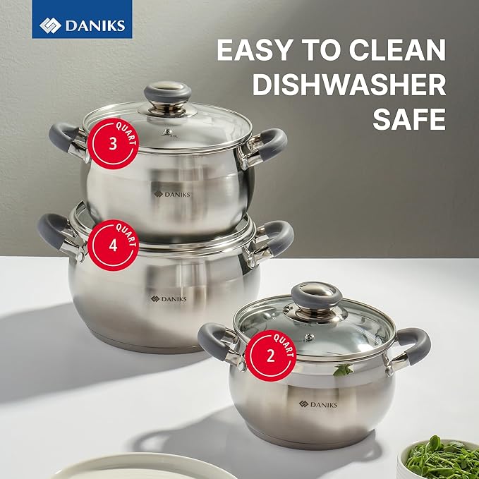 Daniks Modern 6-Piece Stainless Steel Cookware Set with Glass Lids Tri-Ply Bases for Even Heating Induction Compatible Dishwasher Safe Heatproof Handles