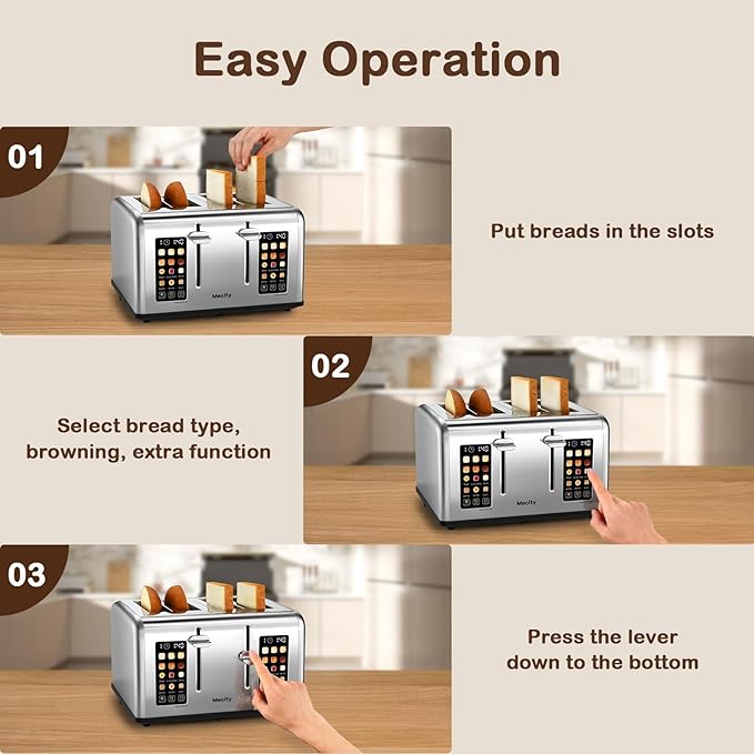 Mecity 4 Slice Toaster with Touch Screen Control 4 Wide Slots Stainless Steel Smart Bread Toaster for Bagels Muffins Waffles Dual Control Panel Timer Defrost Reheat 120V 1650W