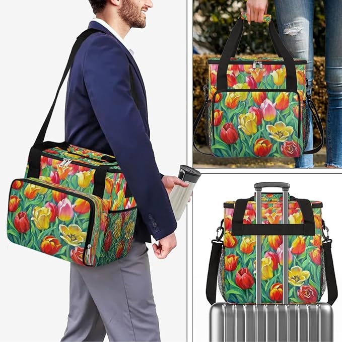 Tulips Flowers Coffee Maker Carring Bag Travel Carrying Storage Tote Bag Compatible with Keurig K-Mini or K-Mini Plus Portable Single Serve Coffee Brewer Case with Pockets for K-cup Pods