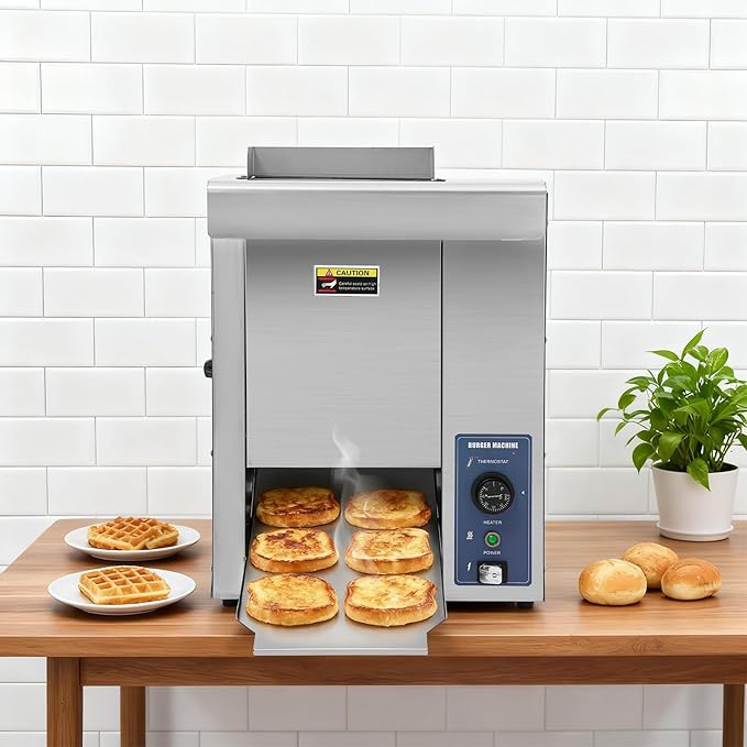 Commercial Burger Toaster 2000W Adjustable Temp Stainless Steel Burger Toaster 6 Adjustable Settings Burgers Bread Thickness for Home Kitchens Bakeries Restaurants Burgers Bars