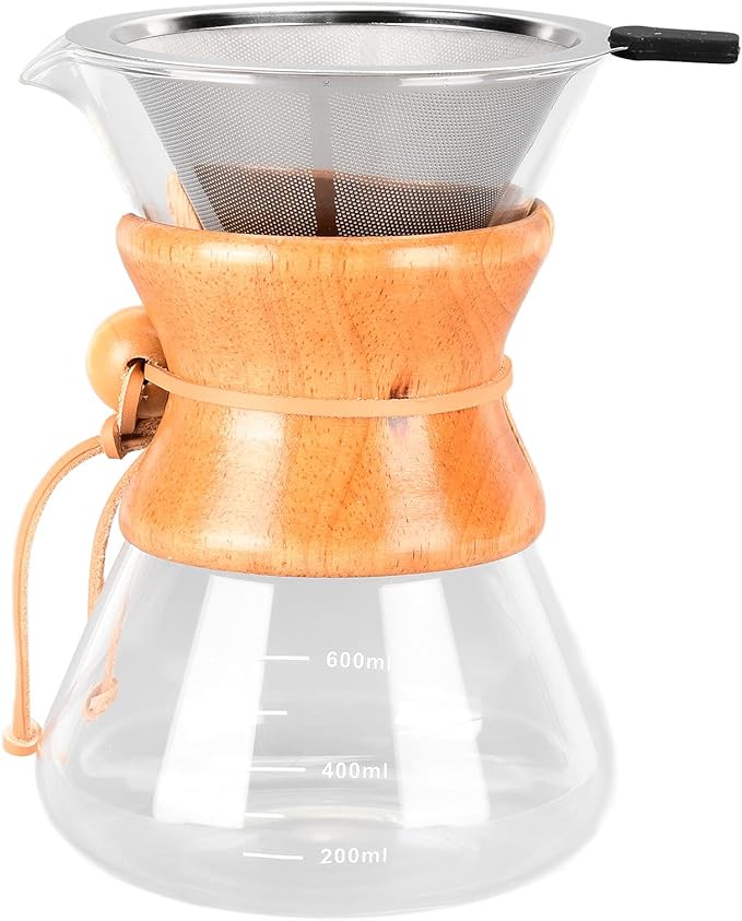 Pour Over Coffee Pot Glass Coffee Kettle Simple Design Drip Coffee Maker Heat Resistance Tea Pot with Resuable Stainless Steel Filter and Capacity Scale for Coffee Lovers (600ml)