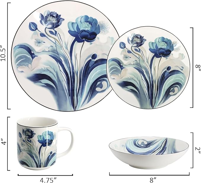 16‑Piece Porcelain Dinnerware Set with Floral Design – Round Plates Bowls and Mugs Microwave &amp Dishwasher Safe Tableware for 4 (Blue)