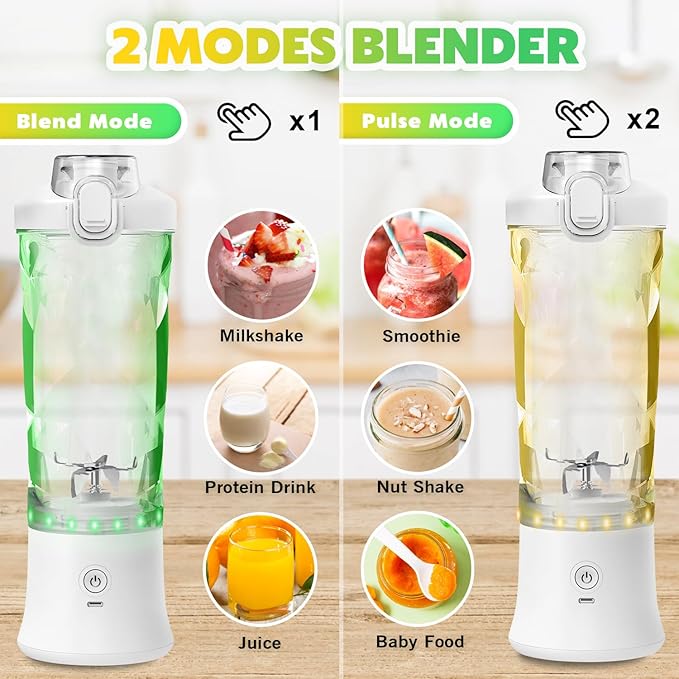 Portable Blender Personal Juicer for Shakes and Smoothies - 20 OZ Electric Protein Shaker Bottle with Insulated Sleeve Travel Lid USB-C Rechargeable - Mini Small Blender Cup for Kitchen Office Gym