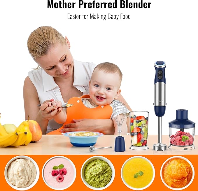 KOIOS 5-in-1 Hand Immersion Blender 12 Speed Adjustable Emulsifier Handheld Blender 1000W Copper Motor Stainless Steel Blade Hand Mixer with attachments Blue