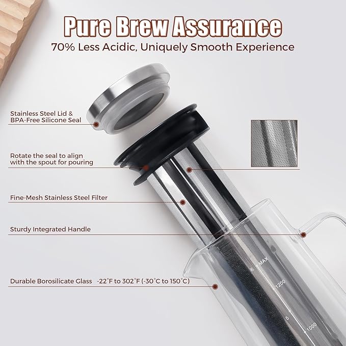 Cold Brew Coffee Maker 1.4L/48oz with Handle Extended Stainless Steel Filter for Deep Extraction Iced Tea Pitcher with Non-Slip Base Includes Cleaning Brush &amp Long Stirring Spoon