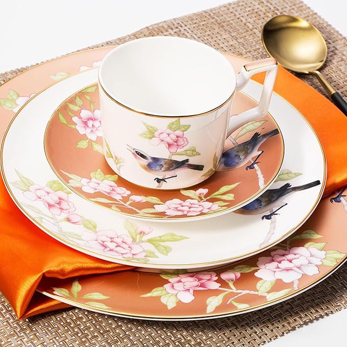 24 piece bone china dinnerware set for 6 luxury dinnerware sets for home wedding partyFreezer Safe Elegant Dining PlatesFlower and bird elements AJW249