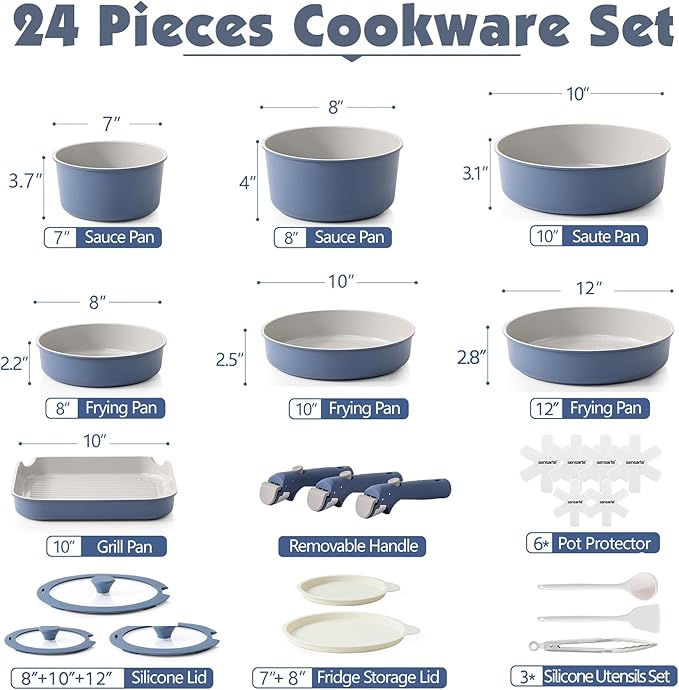 SENSARTE 24 Piece Ceramic Pots and Pans Set Nonstick Detachable Handle Cookware Induction Kitchen Cookware Set with Removable Handle Healthy Non Stick for RV Dishwasher＆Oven Safe PFOA Free (Navy)