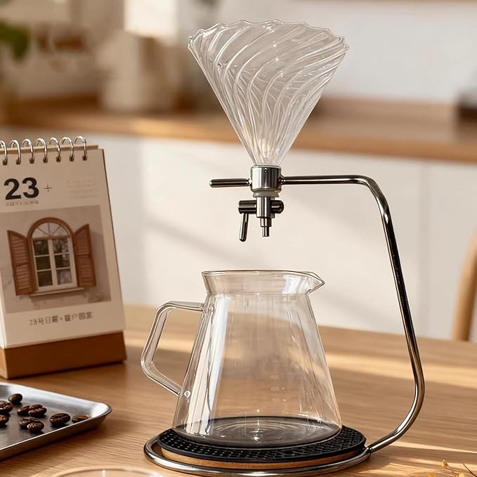 Pour Over Coffee Maker 600 Ml Glass Coffee &amp Tea Brewer with Stainless Steel Stand and Coaster Drip Filter Cup for Home or Office Makes 2-4 Cups