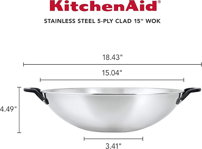 KitchenAid 5-Ply Clad Polished Stainless Steel Wok Induction Compatible Dishwasher Safe 15 Inch Open Stir-Fry Pan