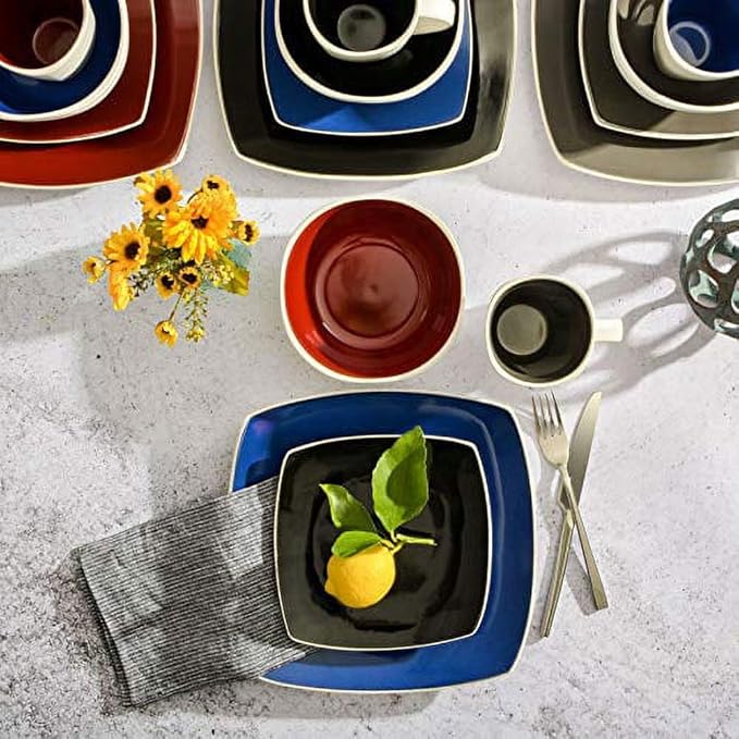 Modern Matte Glaze Square Dinnerware Set - 16 Piece Stoneware Service for 4 Dishwasher &amp Microwave Safe Teal Finish (Cobalt Blue)