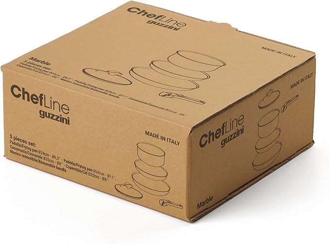 Guzzini ChefLine Marble Set of 5 Pans (24 cm and 28 cm) Casserole 20 cm Lid (20 cm) and Removable Handle
