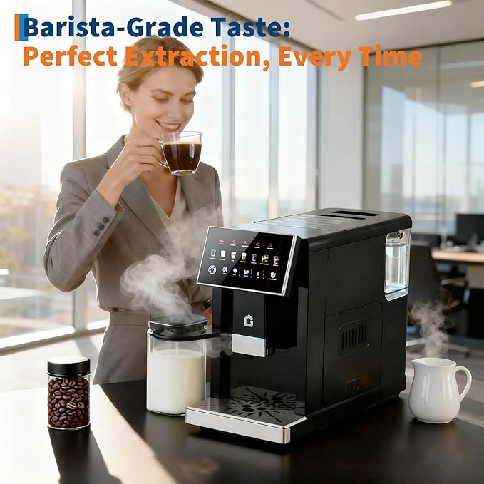 Smart Espresso Machine with Detachable Parts - Adjustable Grinder 3 Strength Settings Removable Milk Frother Easy Clean Coffee Maker for Home Use Black