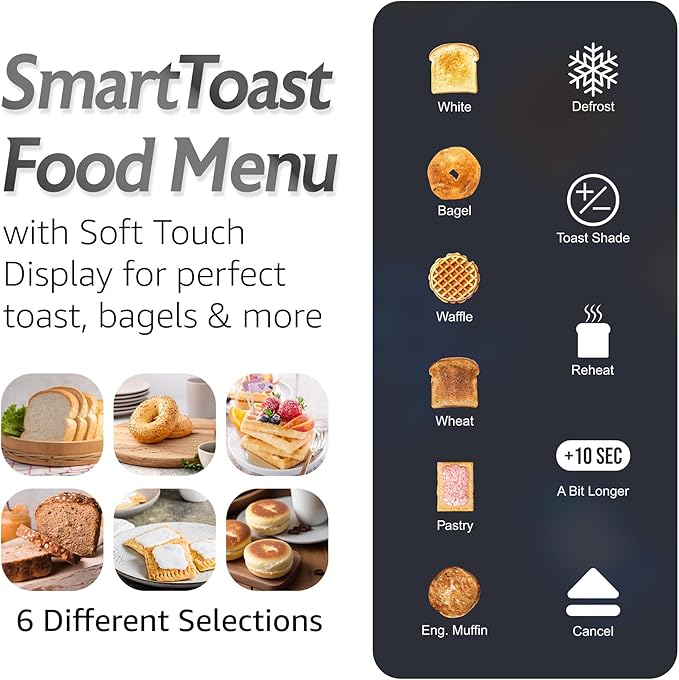 Elite Gourmet ECT5924D SmartToast Digital Long Slot 4 Slice Toaster 1.5” Wide Slots for Thick Breads &amp Bagel Function LED Touch Screen Countdown Timer 6 Shades Stainless Steel