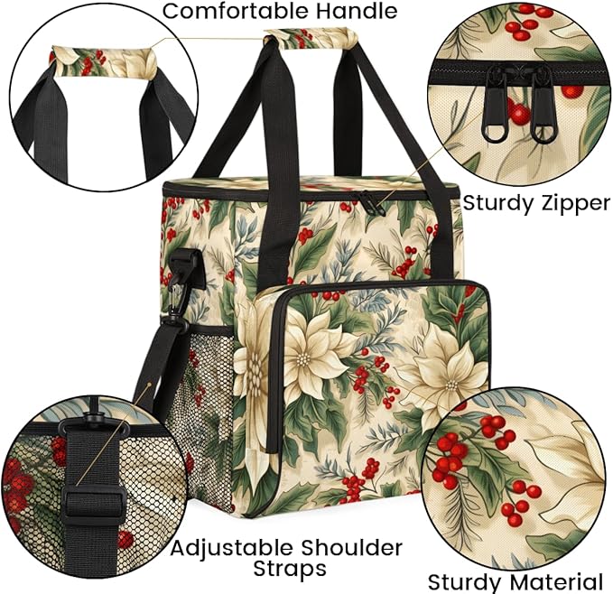 Holly Berry Flowers Coffee Maker Carrying Bag Retro Flowers Travel Storage Bag Compatible with K-Mini or K-Mini Plus Single Serve Coffee Brewer Carrying Case with Multiple Pockets &amp Shoulder Str