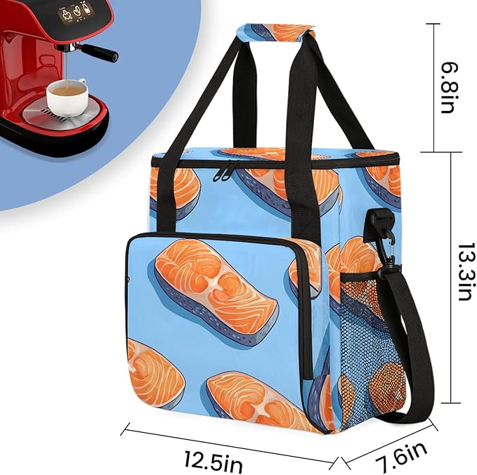 Fish Coffee Maker Travel Bag Fishes Salmons Insulated Grocery Bag Travel Picnic Leakproof Cooler Bags With Shoulder Strap