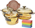 Visions VS-338 3-Piece Glass Cookware Set with Lids Stovetop &amp Oven Safe Non-Porous Transparent — 1L/1.25L/2.25L — Includes 2 Random Color Kitchen towels