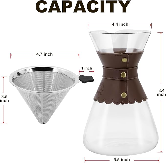 34oz Pour Over Coffee Maker with Double Layer Stainless Steel Filter Borosilicate Glass Dripper Detachable Heat-Resistant Leather Pad 7-8 Cups Coffee Maker Carafe（Dark brown）