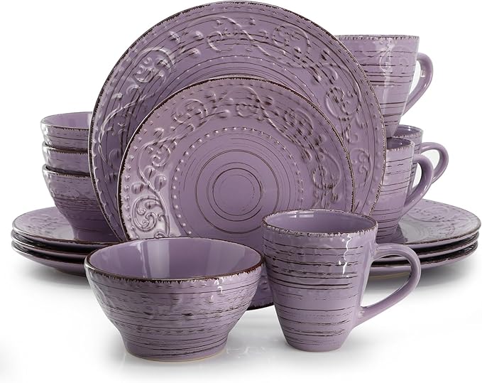 16-Piece Stoneware Dinnerware Set – Ocean Bloom Sea Glass Mica Calcite Jasper &amp Deep Ocean – Microwave Safe Dishwasher Safe Service for 4 with Reactive Glaze Finish (Purple)