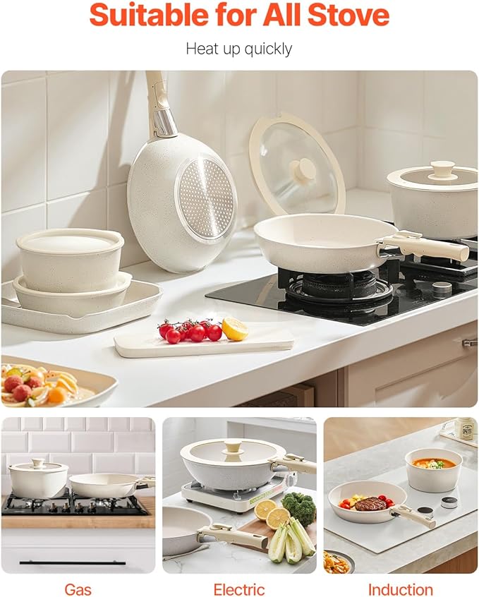 Happybuy 17-Piece Nonstick Cookware Set with Detachable Handles – Space-Saving Induction-Compatible Kitchen Kit for RVs Ovens &amp All Stovetops Includes Frying Pans Saucepans &amp Glass Lids (Wh