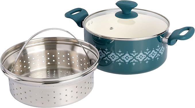 Spice by Tia Mowry Savory Saffron 5 QT Healthy Nonstick Ceramic Dutch Oven W/ Stainless Steel Steamer Insert and Lid - Teal