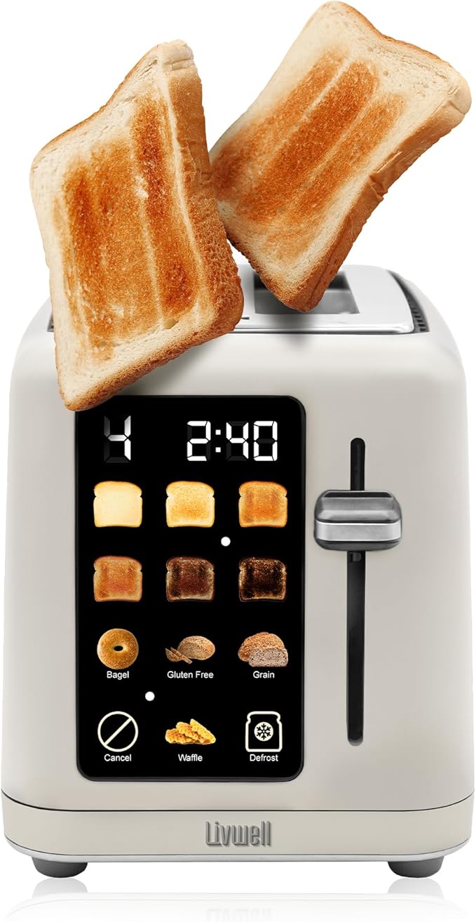 Livwell Matte 2-Slice Smart Touch Toaster with Color Screen Display - Kitchen Gifts - 6 Browning Levels Timer Countdown Adjustable Settings for Bagels Gluten-Free &amp Multigrain Bread (Matte Crea