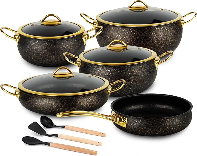 Fully Clad 5-Ply Stainless Steel Cookware Set 12Pcs Nonstick Pots and Pans Set with Stay-Cool Handles Induction Compatible Stackble Design Includes with Frying Pan Saucepans and Saute Pan (Black)