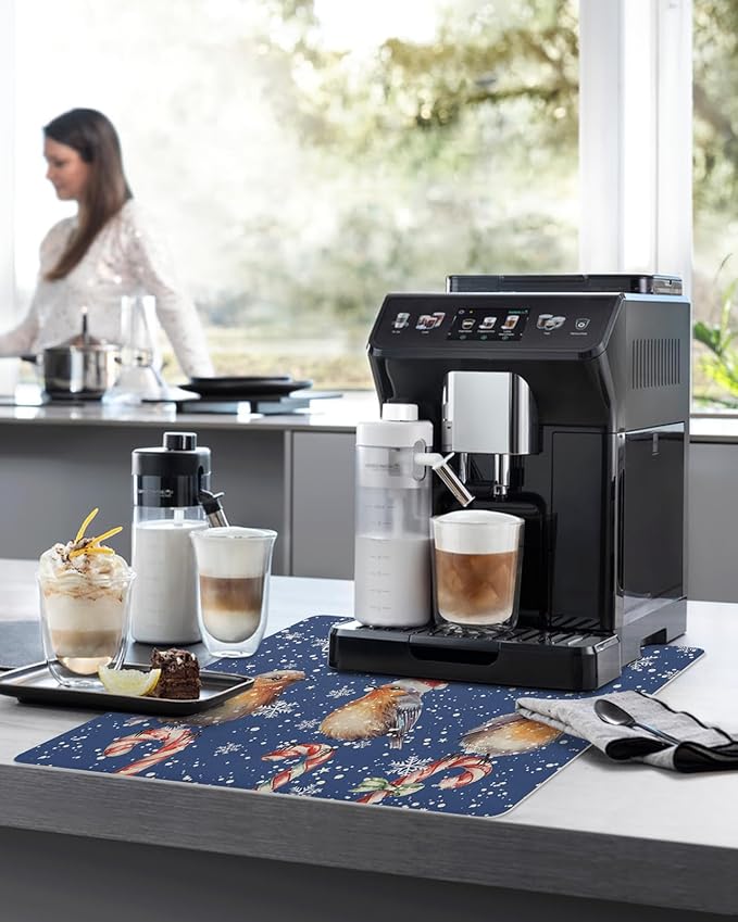 Coffee Mat Coffee Bar Mat for Countertops Christmas Watercolor Birds with Snowflakes Blue Absorbent Coffee Maker Mat Rubber Backed Dish Drying Mat for Coffee Espresso Machine Coffee Maker 16x18