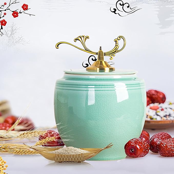 Ceramic Pot With Lid Ceramic Rice Storage Containers Ceramic Tea Barrels Kitchen Organization For Food Sealed Rice Storage Tank Large Capacity Grain Storage Jars With Tassel Design 12.5kg(BCapac