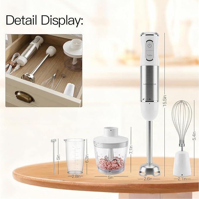 MEGAWISE 5-in-1 Immersion Hand Blender 1100W Powerful Stick Blender with Whisk Chopper Milk Frother &amp Beaker Variable Speed &amp Turbo Stainless Steel Blades for Smoothies &amp Baby Food (W