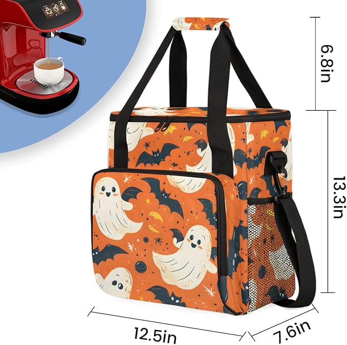 Spooky Ghosts Coffee Maker Carrying Bag Glitter Ghosts Travel Storage Bag Compatible with K-Mini or K-Mini Plus Single Serve Coffee Brewer Carrying Case with Multiple Pockets &amp Shoulder Strap