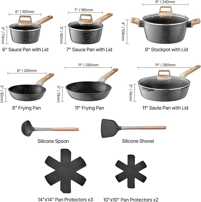 Happybuy 17-Piece Nonstick Granite Cookware Set - Induction Compatible Kitchen Pots &amp Pans with Glass Lids Frying Pans &amp Protectors for RV &amp Home Cooking (Black)