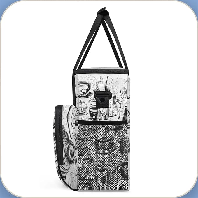 Coffee Print Coffee Maker Travel Bag for Keurig K-Mini/K-Mini Plus Insulated Waterproof Tote with Pockets for K-Cup Portable Single-Serve Brewer Case