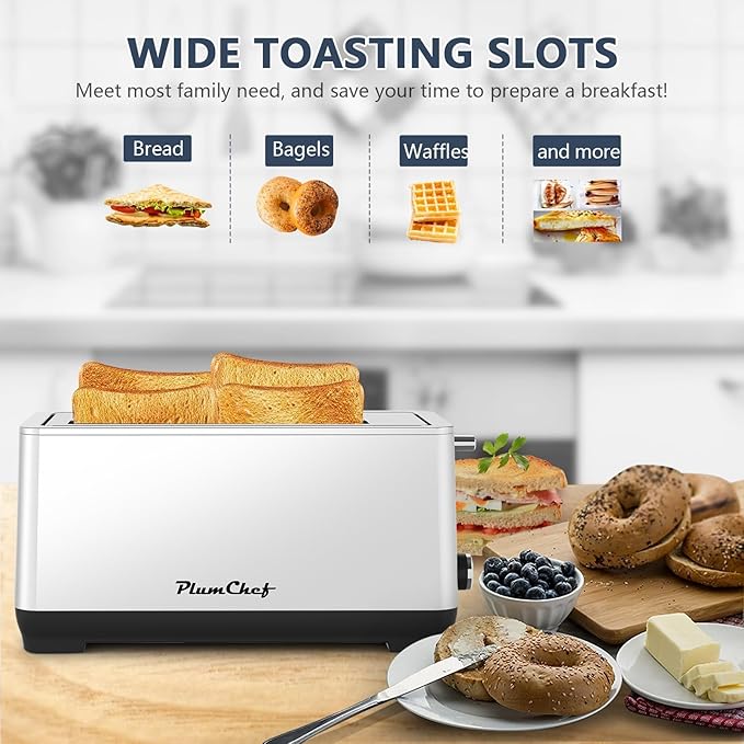 4-Slice KitchenToaster Extra Wide Long Slot Toaster 6 Browning Settings Bagel/Defrost/Reheat Functions Removable Crumb Tray Stainless Steel Housing 1350W (Silver)