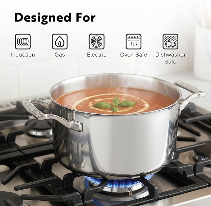 10-Piece Triply Stainless Steel Cookware Set - Fully Clad Pots and Pans Set with 8 Qt Pasta Pot Saute Saucepan Frying Pan - Non Toxic Cookware - Induction Dishwasher &amp Oven Safe