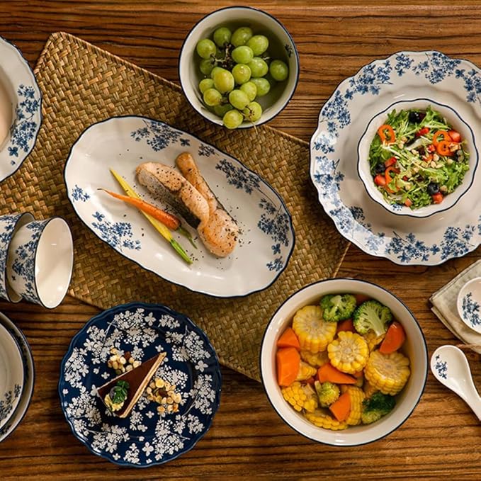 Ceramic Dinnerware Sets for 4 12 Pieces Dishes Set for Kitchen Porcelain Floral Plates and Bowls Set Microwave and Dishwasher Safe Scratch Resistant Underglaze painting (Floral Blue)