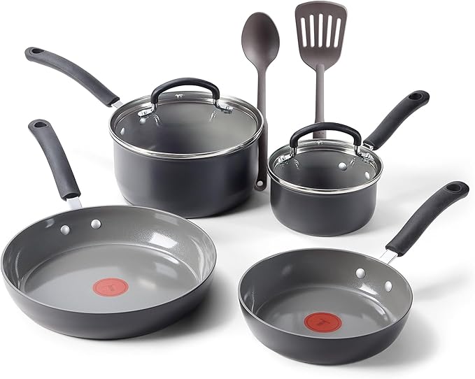 T-Fal Ultimate Hard Anodized Ceramic Nonstick 8 Piece Cookware Set Oven Safe Up to 400°F Dishwasher Safe Pots and Pans Set Includes Frying Pans Saucepan Cooking Utensils Grey