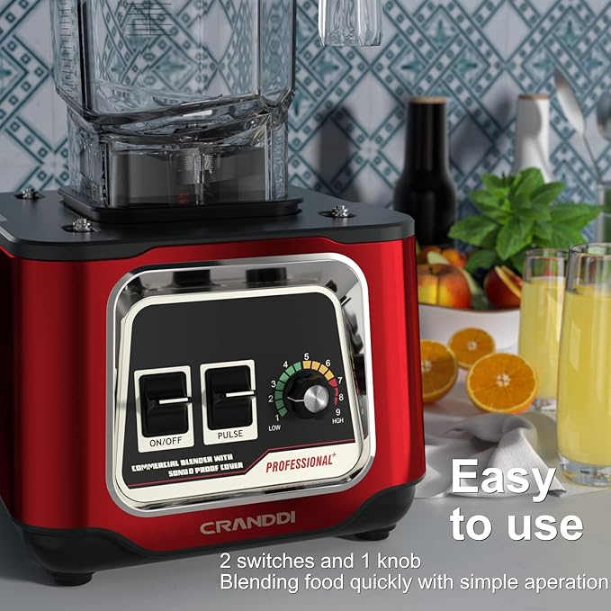 CRANDDI Commercial Blender 2200W Countertop Blenders with Removable Shield Quiet Smoothie Blender for Shakes and Ice Crushing 52oz 38000 RPM Professional Blenders for Kitchen K80 (Red)